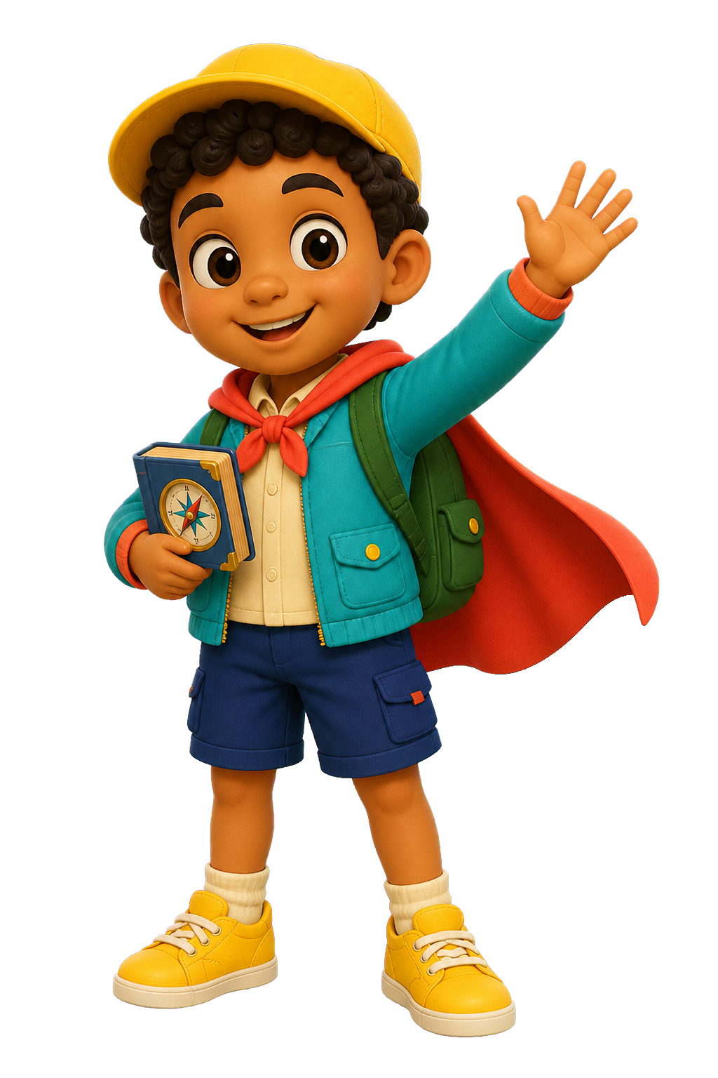 Super Gio waving with his adventure book
